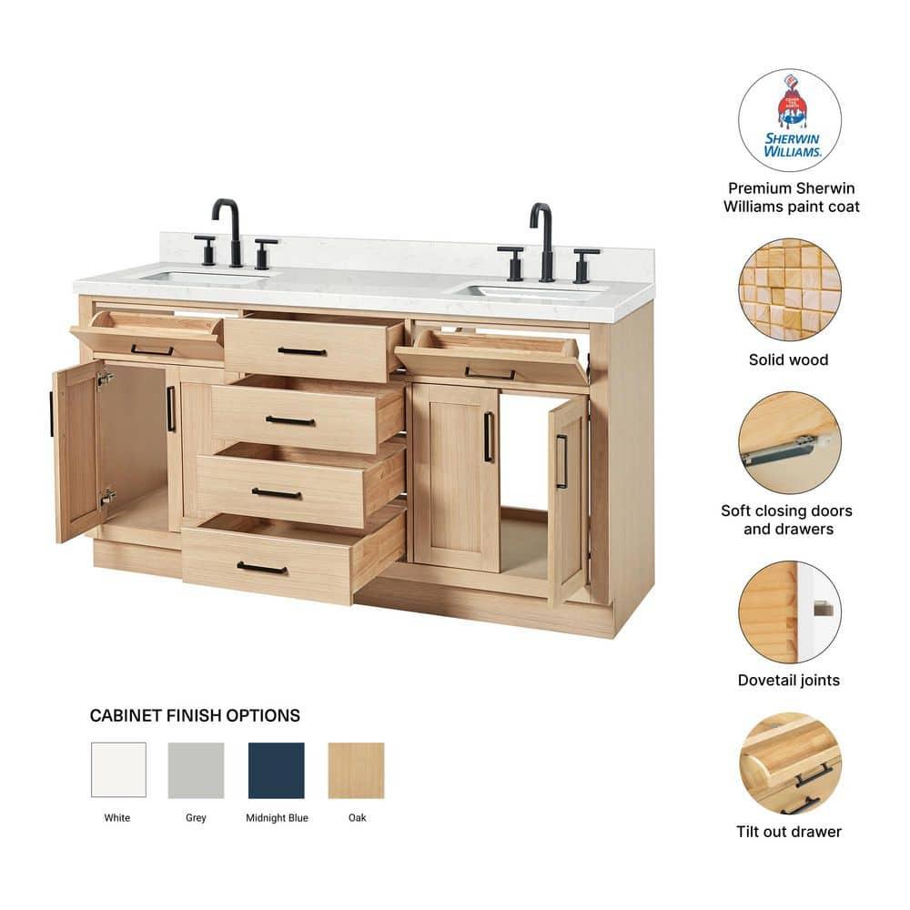 Tidworth 66'' Solid Wood Double Bathroom Vanity with 1.5'' Carrara Quartz Top, Rectangular Sinks
