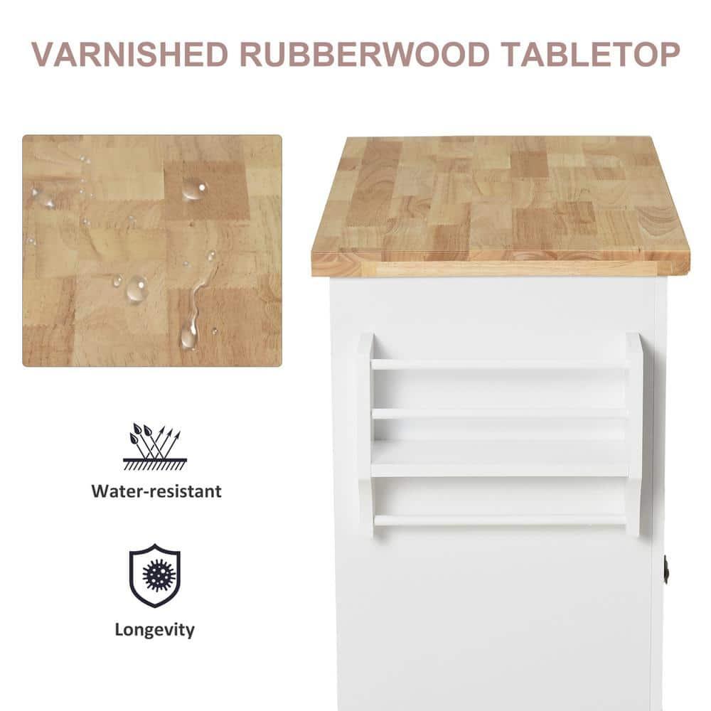 HOMCOM Kitchen Island on Wheels, Rolling Cart with Rubber Wood Top, Spice Rack, Towel Rack & Drawers for Dining Room, White