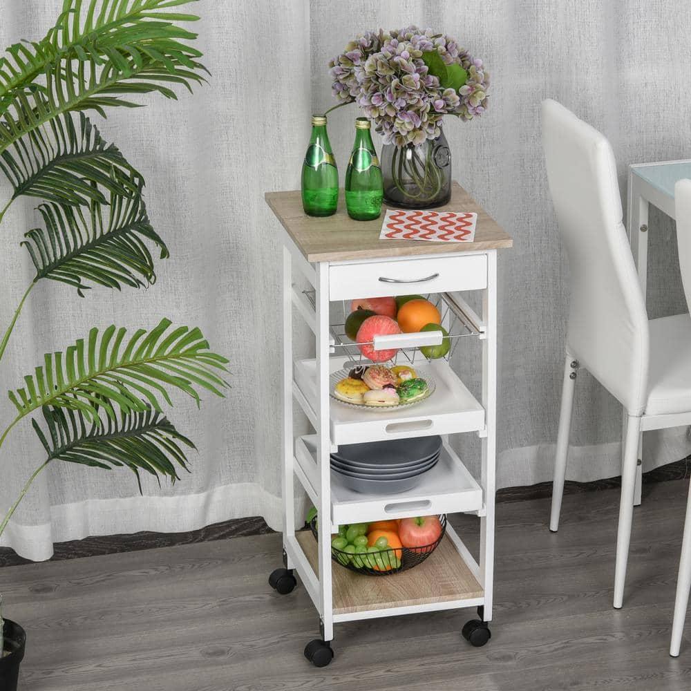 HOMCOM Mobile Rolling Kitchen Island Trolley Serving Cart with Underneath Drawer & Slide-Out Wire Storage Basket, White