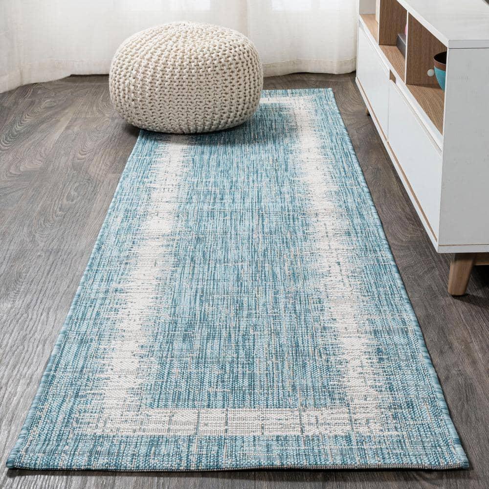 2'x10' Scandi Minimalist Border Indoor/Outdoor Runner Rug, Aqua - JONATHAN Y