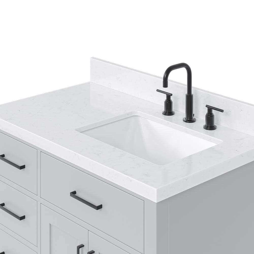 Thornaby 36'' Solid Wood Single Bathroom Vanity with 1.5'' Carrara Quartz Top, Left Offset Oval Sink