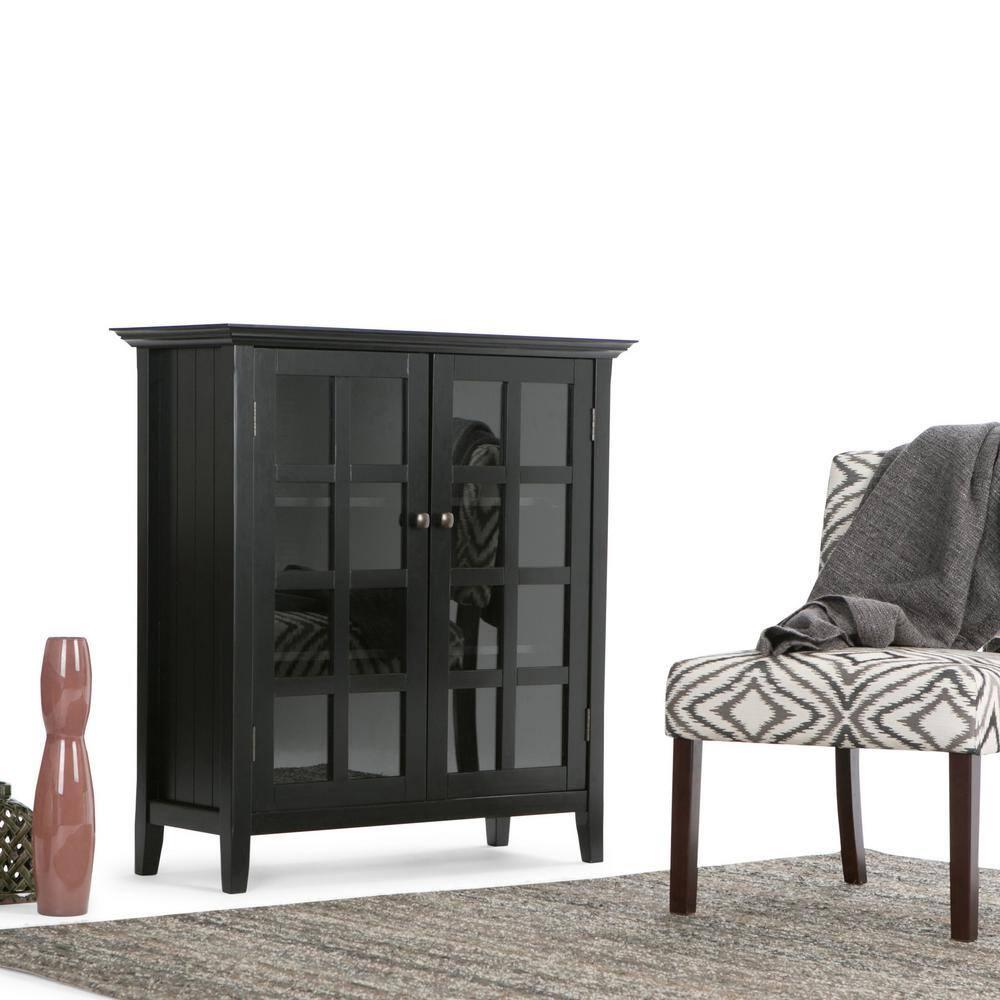 Simpli Home Acadian Solid Wood Shelf Storage Cabinet with Glass Doors and Adjustable Shelves