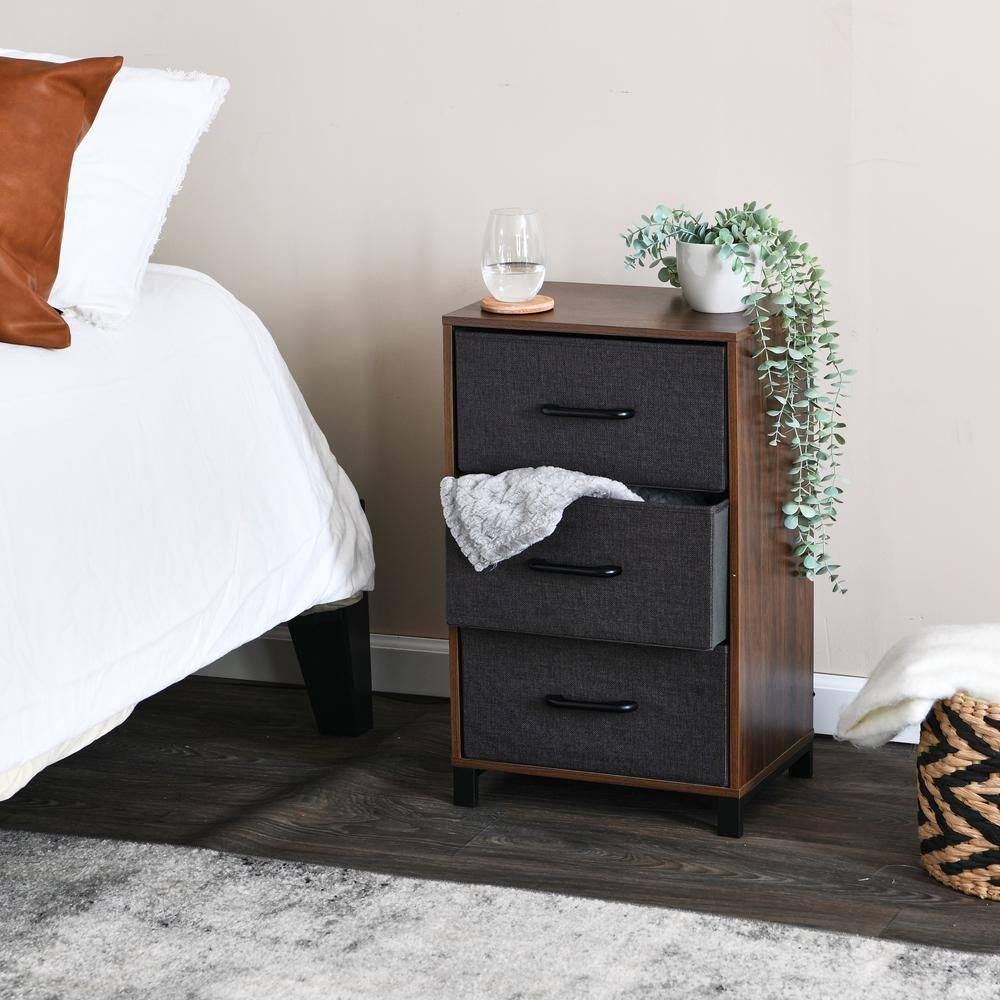 Household Essentials 3 Drawer Dresser, Narrow Storage Chest, Multi-Color Drawers, Wire Backing and Metal Feet, Wood Handles, Mid Century Walnut Laminate