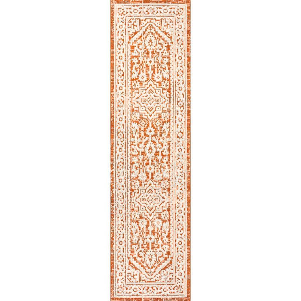 2' x 8' Sinjuri Medallion Textured Weave Indoor/Outdoor Runner Rug, Orange/Cream - JONATHAN Y