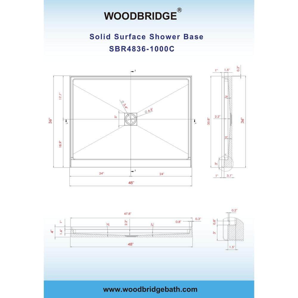 WoodBridge 48" W x 36" Solid Surface Single Threshold Shower Pan Base with Drain Assembly & Drain Cover Included, Non-Slip SBR4836-1000 C