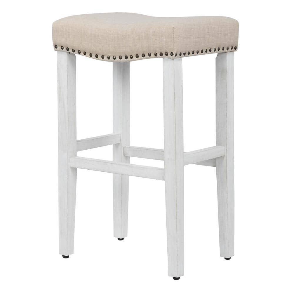 29" Upholstered Nail Head Counter Stool, Antique White/Beige