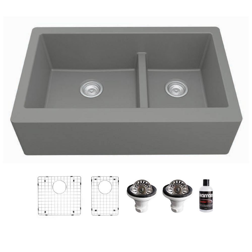 Karran Quartz 34'' X 21-1/4'' 60/40 Double Bowl Farmhouse/Apron Front Kitchen Sink Kit
