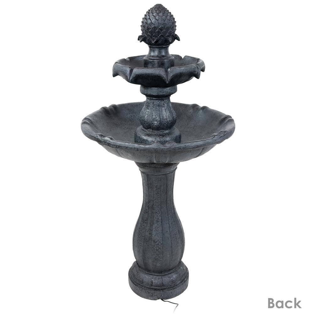 Sunnydaze Outdoor 2-Tier Solar Powered Pineapple Top Water Fountain with Battery Backup and Submersible Pump - 46" - Black