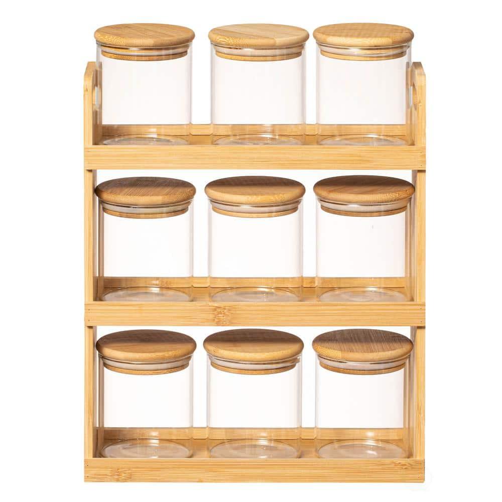 Rebrilliant Rebrilliant Versatile 3-tier Bamboo Spice Rack And Pantry Organizer With 9 Glass Jars – Perfect For Countertop Storage In Kitchens To Keep Seasoning Containers Neatly Displayed And Easily Accessible