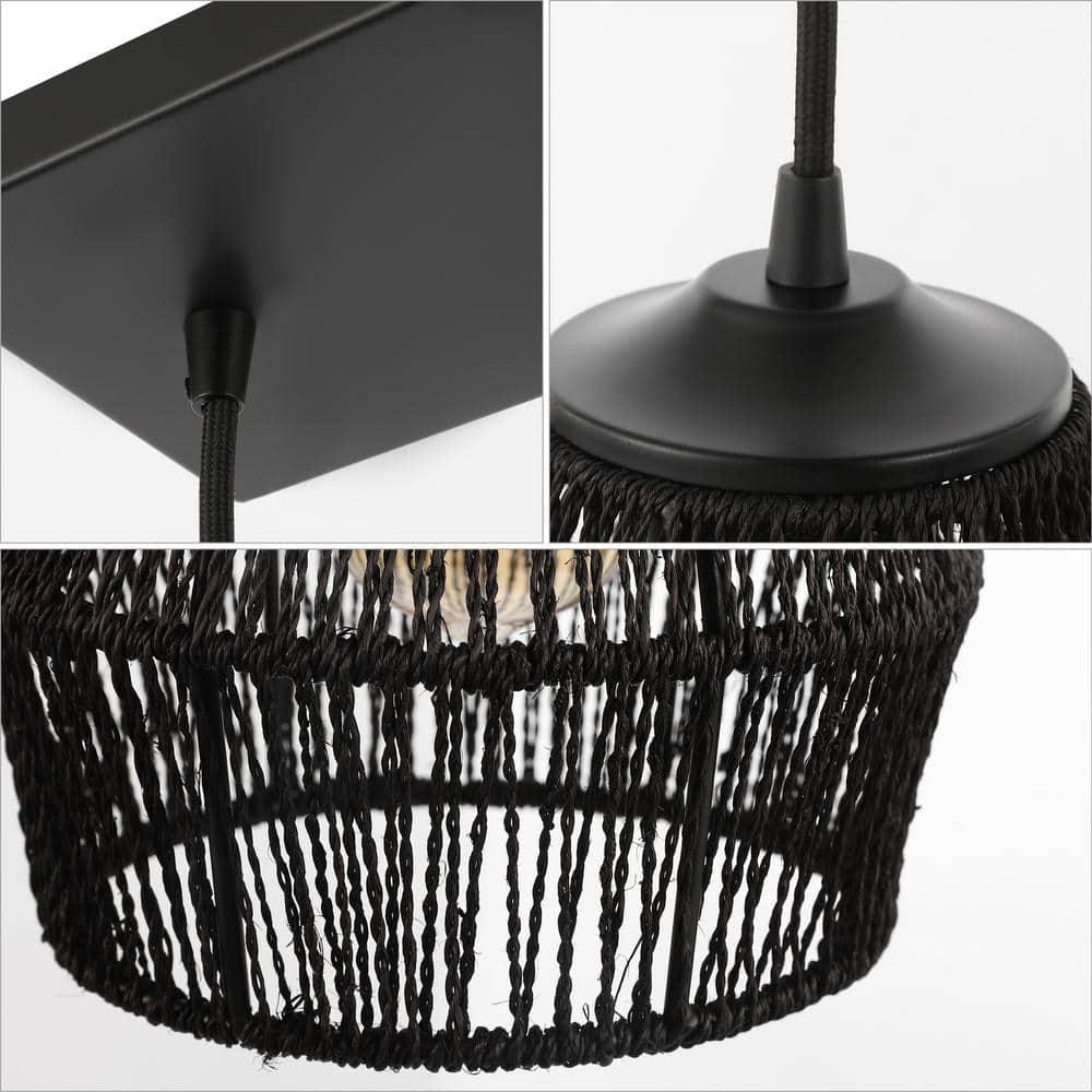 30" 3-Light Ibiza Island Woven Rope/Metal Bohemian Coastal Linear Pendant (Includes LED Light Bulb) Black - JONATHAN Y