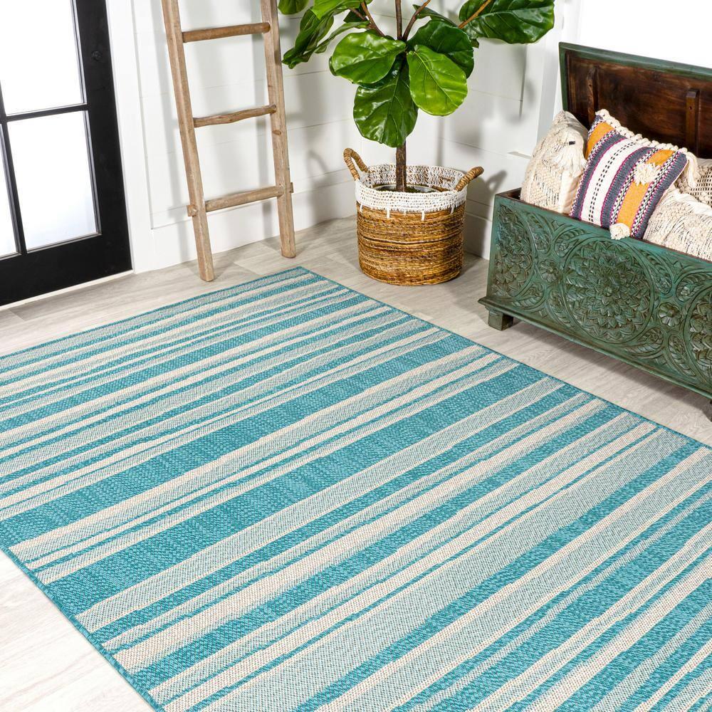 4' x 6' Castara Wavy Stripe Modern Indoor/Outdoor Area Rug, Aqua/Cream - JONATHAN Y