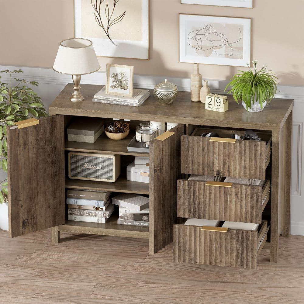 47" Brown MDF Wood Sideboard Buffet Cabinet with Grooved Doors and Drawers