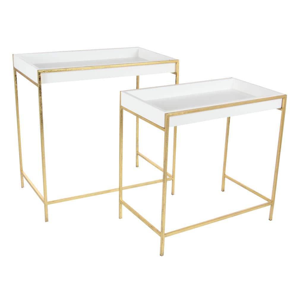 Mercer41 Blaine Wooden Nesting Tray Top Geometric Side End White Accent Table with Gold Metal Legs Set