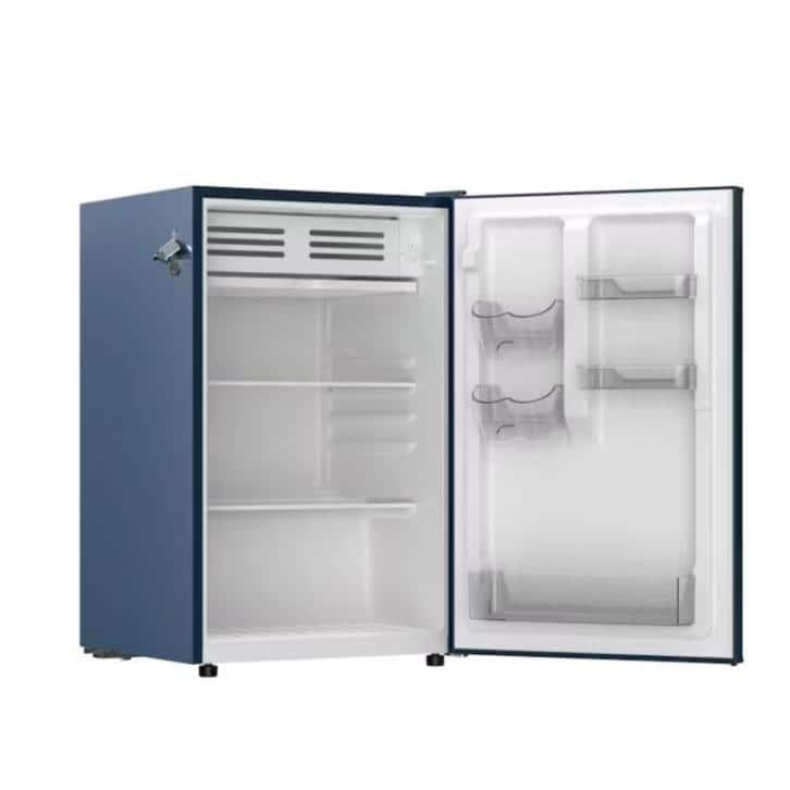 Frigidaire 4.5 cu. ft. retro compact fridge built-in side bottle opener W: 21.65" x L: 22.24" X H: 32.91" (Azure)