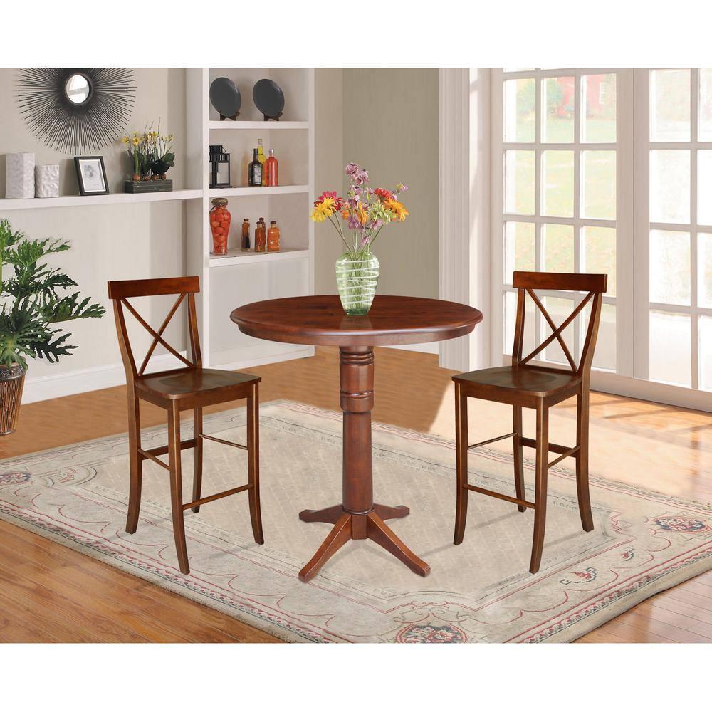 36" Oscar Round Top Pedestal Table Dining Height Espresso - International Concepts: Solid Wood, Kitchen Table