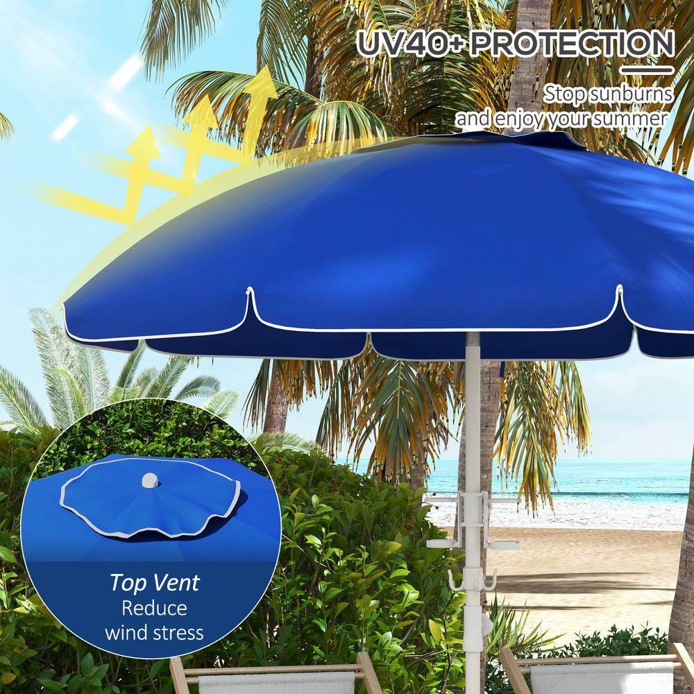 Outsunny 5.7' Beach Umbrella with Cup Holders, Hooks, Vented Canopy, Portable Outdoor Umbrella, Blue