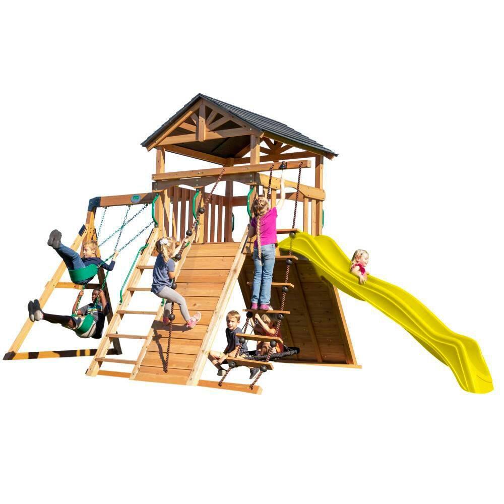 Backyard Discovery Endeavor Cedar Wood Swing Set, Slide, Play Deck, Rock Wall, Rope Ladder