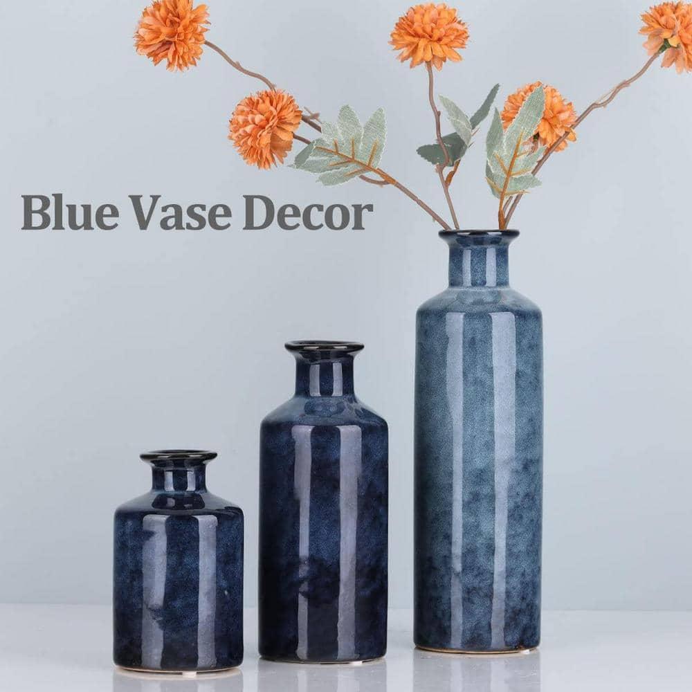Blue Ceramic Vase Set for 3 - Modern Waterproof Small Vases, Farmhouse Country Home Decor, Living Room, Table, Fireplace, and Entrance Centerpieces