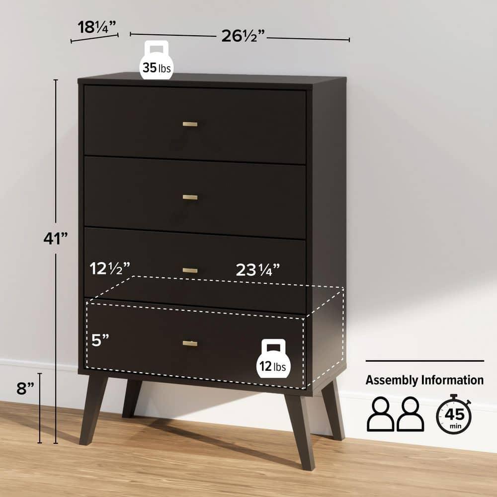 Prepac Milo Mid Century Modern 4-Drawer Vertical Chest, Black