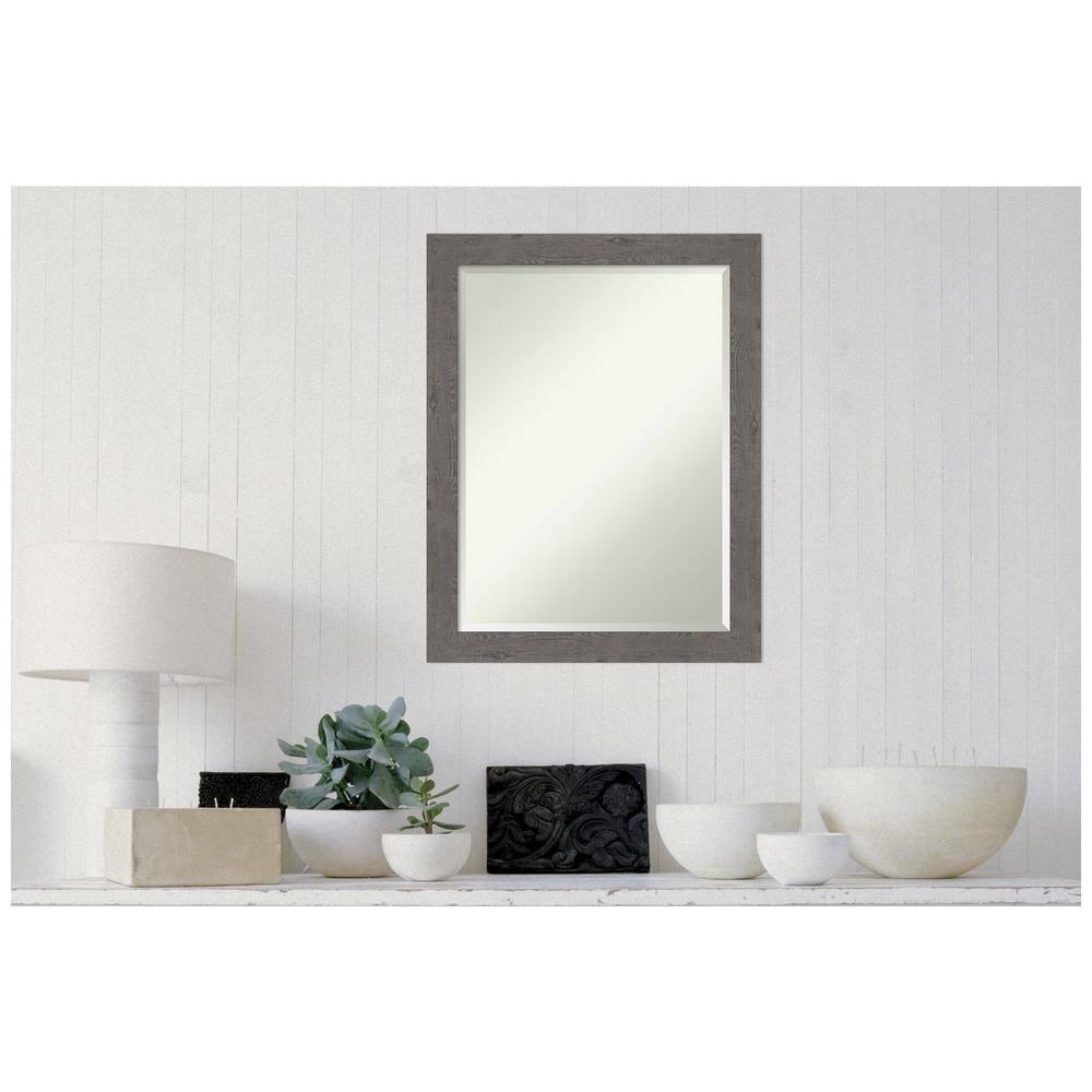 Amanti Art Beveled Bathroom Wall Mirror - Rustic Plank Grey Narrow Frame Outer Size: 21 x 27 in