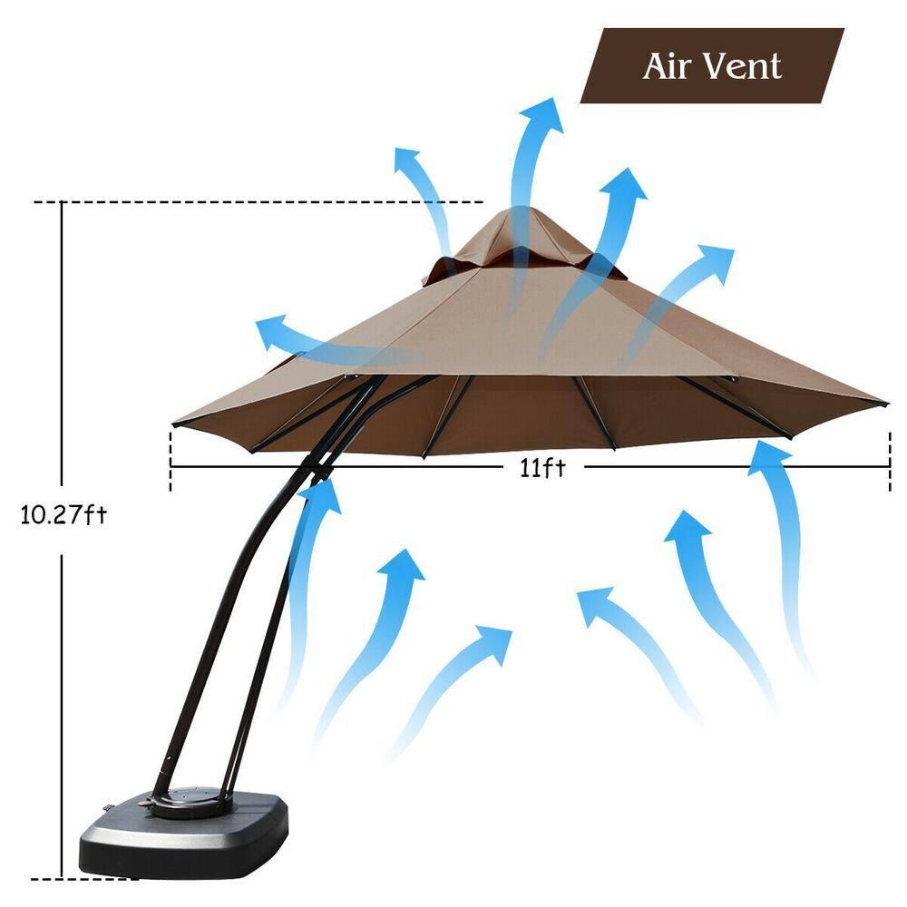 Canddidliike 11 Feet Outdoor Cantilever Hanging Umbrella with Base and Wheels-Tan, Patio Offset Umbrella with Easy Tilt Adjustment, Offset Hanging Umbrella, Sunshade Umbrella Canopy