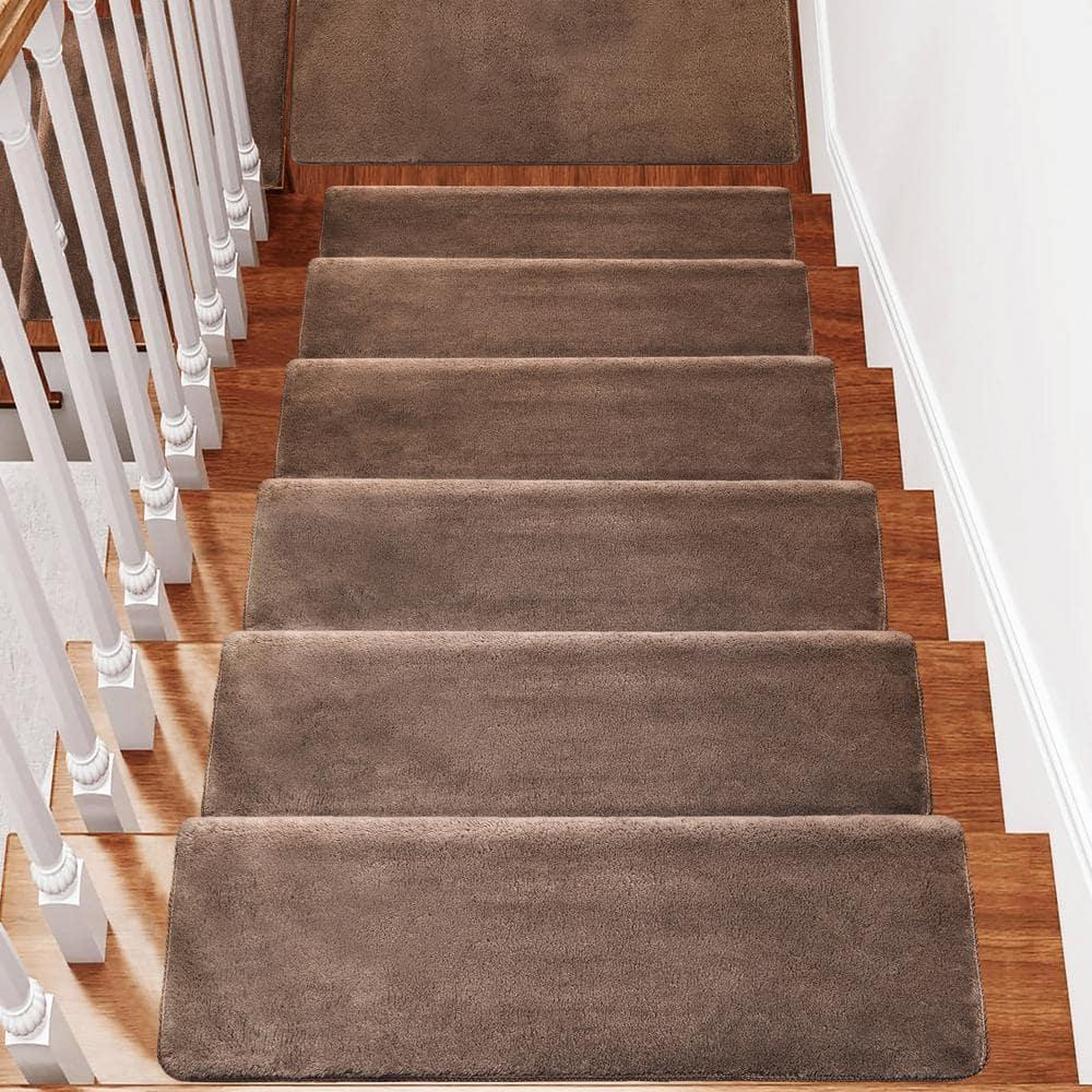 Soft Plush Brown 9.5 in. x 30 in. x 1.2 in. Bullnose Indoor Stair Tread Cover Tape Free Non-slip Carpet Set of 14