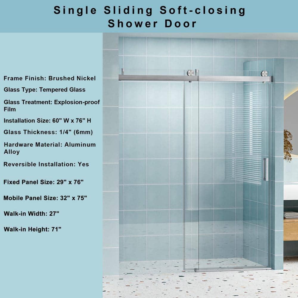 Gxcevsou 56-60“ *76” Frameless Soft Close Shower Door, 1/4” (6 mm) Tempered Glass Single Slide with Explosion Proof Coating, Reversible Installation