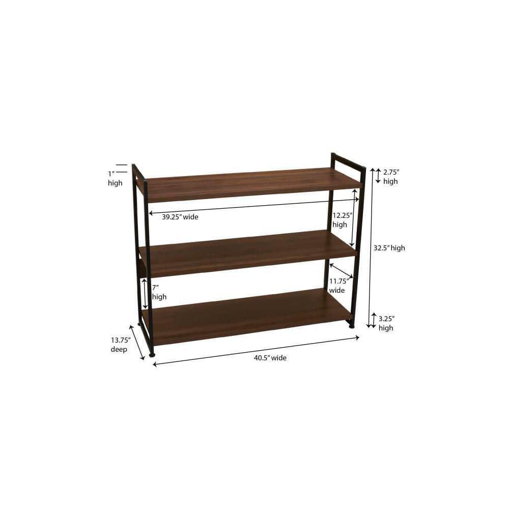 Household Essentials 32.5" Jamestown Wide 3 Shelf Bookshelf Walnut: Faux Wood, Iron Frame, Low Profile