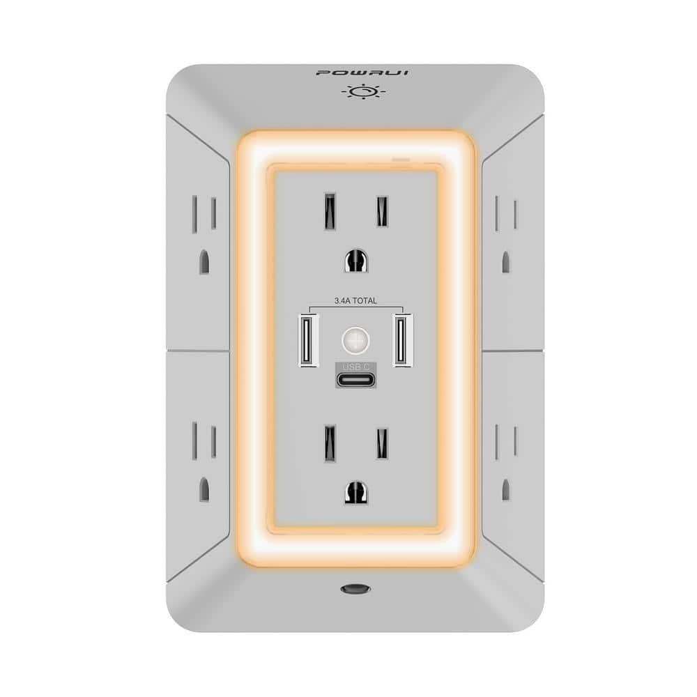 POWRUI Power Strip Surge Protector - 6 AC Outlets With 3 USB Ports (1 USB C), Night Light, 3-Sided Multi Plug Wall Extender With Spaced Outlets - Grey, ETL Listed