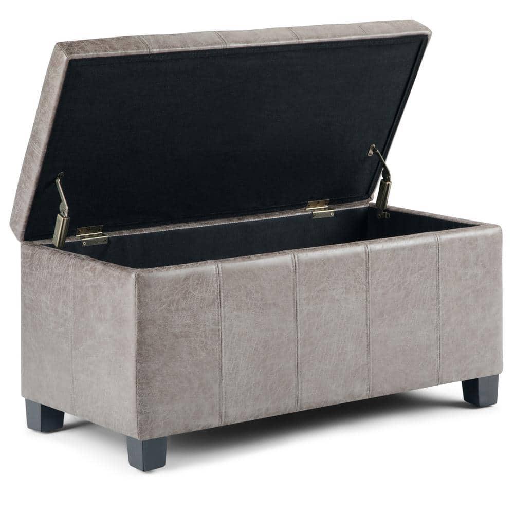 Dover 36 in. Wide Contemporary Rectangle Storage Ottoman Bench in Distressed Grey Taupe Vegan Faux Leather, Assembled