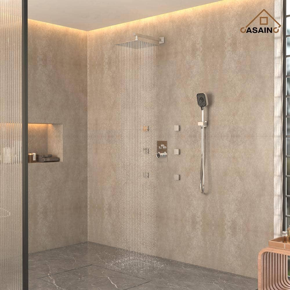 Revitalize 3-Function 12 Inch Wall Mount Rainfall Thermostatic Shower System with 6 Body Jets