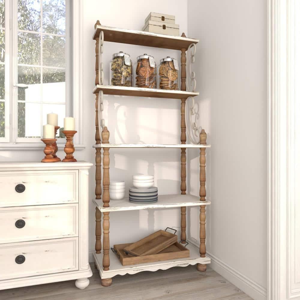 75" x 32" Farmhouse Wood Shelving Unit Off White - Olivia & May: 5-Tier Storage Bookcase