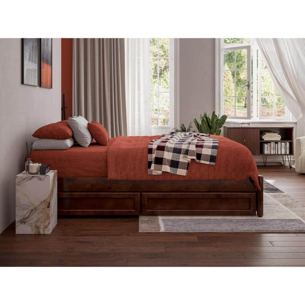 Barcelona Full Solid Wood Panel Platform Bed with Storage Drawers in Walnut