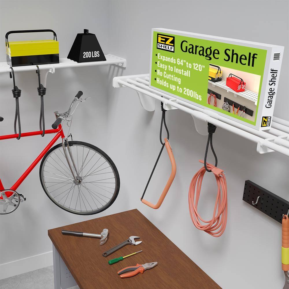 EZ Shelf-Expandable-Garage Shelf- -White- Easy to Install -Strong (up to 250 Lbs)- Wire Shelving Alternative –Wall Mounted Garage Shelf Organizer (White, 40.5" - 75")