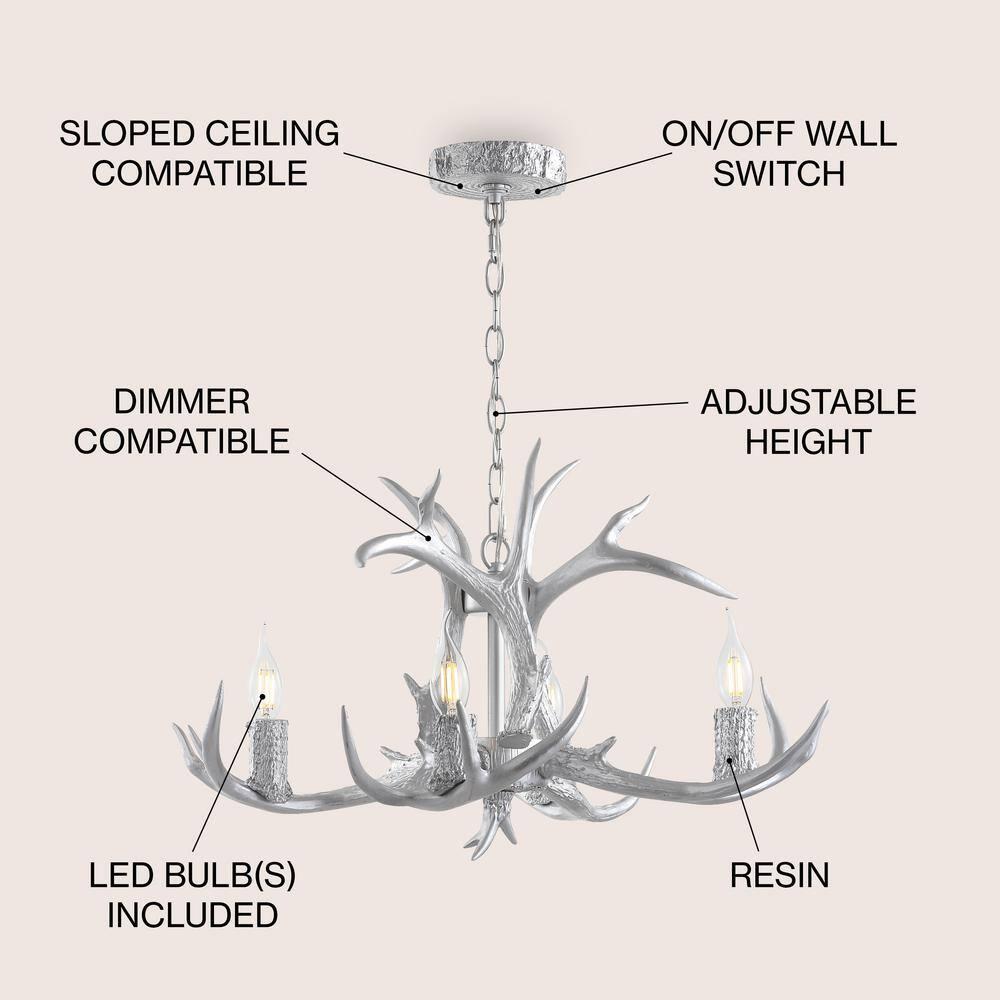 JONATHAN Y JYL6301C Eldora 26" Adjustable Resin Antler 4-Light LED Chandelier, Farmhouse, Glam, Transitional, Rustic, Cottage for living room, dinning room, bedroom, office Bulb Included, Silver