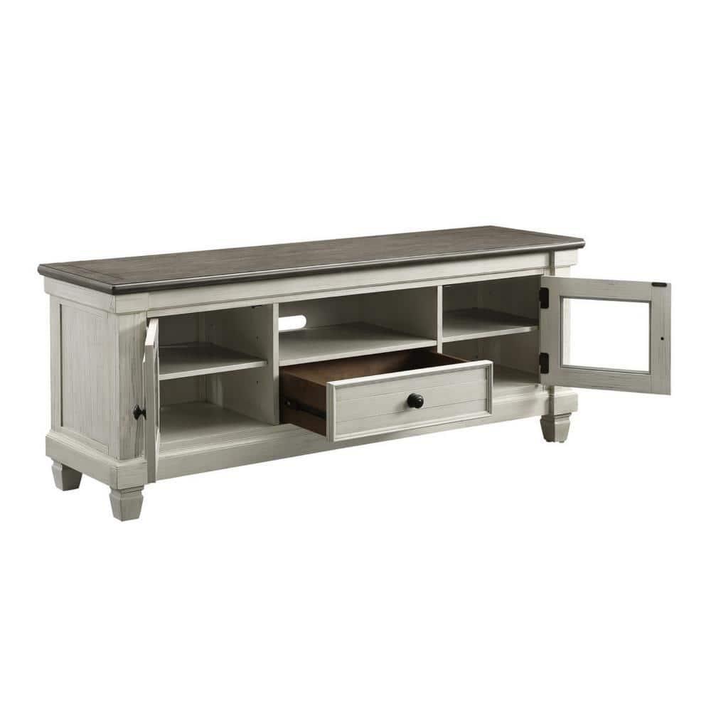 Rome 64 Inch TV Media Entertainment Console, White, Brown, Solid Wood