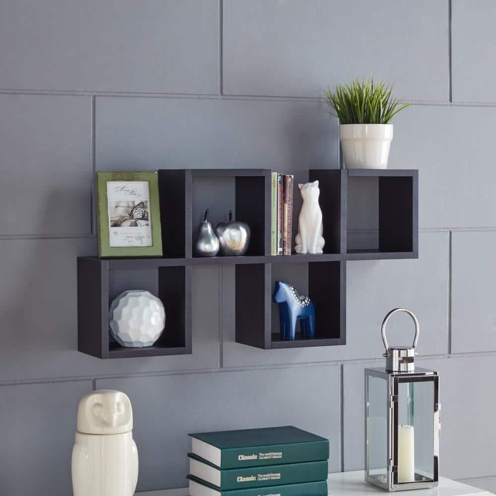 Danya B. 30" x 15.25" Cubby Chessboard Wall Shelf Black : Modern Laminated MDF, Versatile Display
