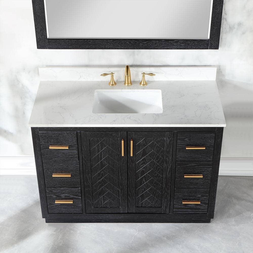Gazsi 48" Single Bathroom Vanity Set in Black Oak with Grain White Composite Stone Countertop without Mirror