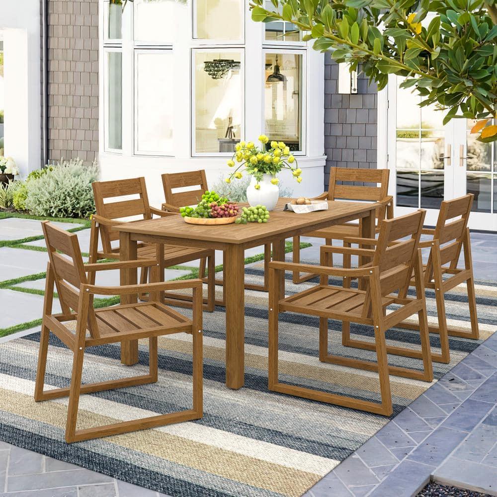 7-Piece Brown Recycled Plastic HDPS Outdoor Dining Set All Weather Indoor Outdoor Patio Table and Chairs with Armrest