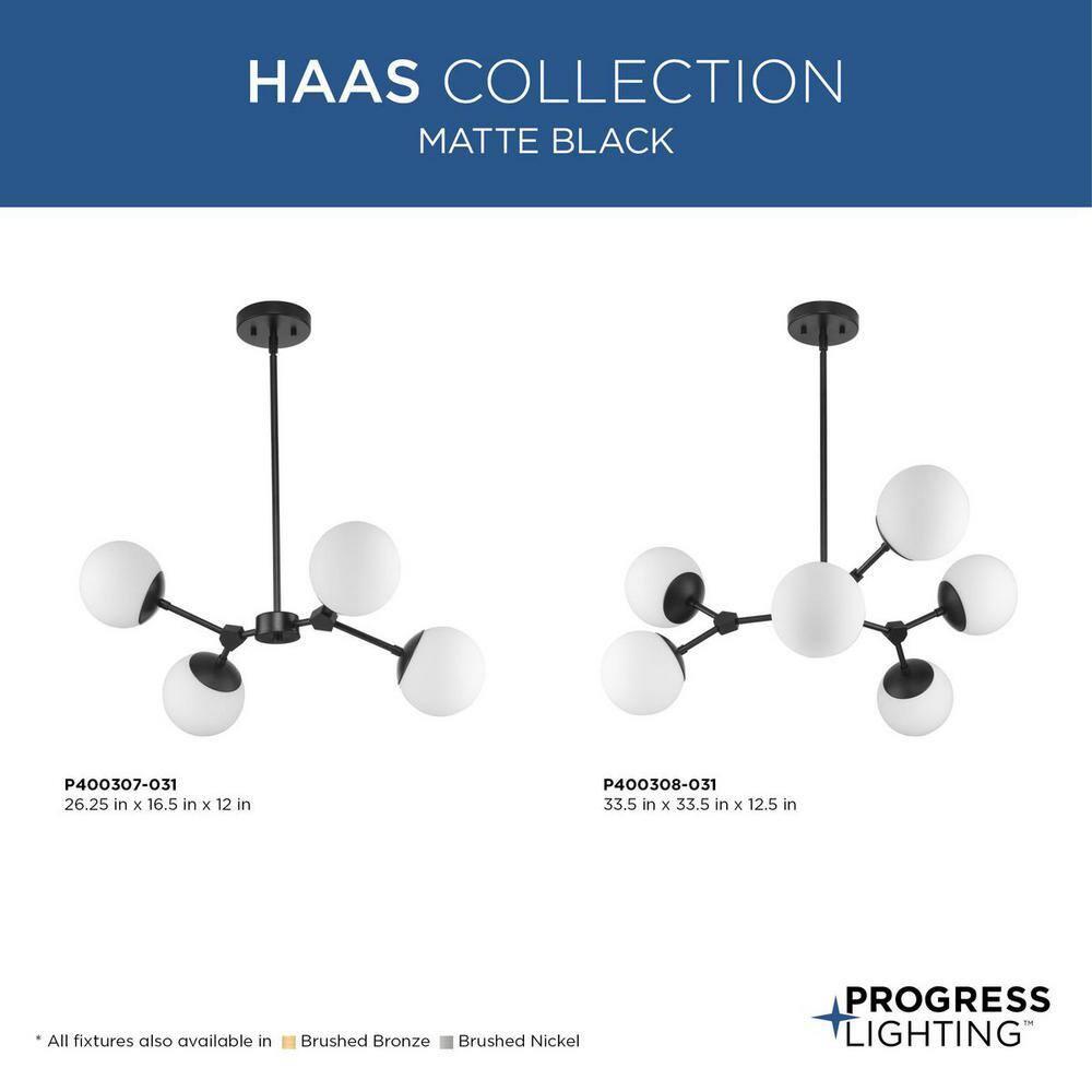 Progress Lighting Haas 6-Light Chandelier, Matte Black, Etched Opal Glass Globes, Design Series