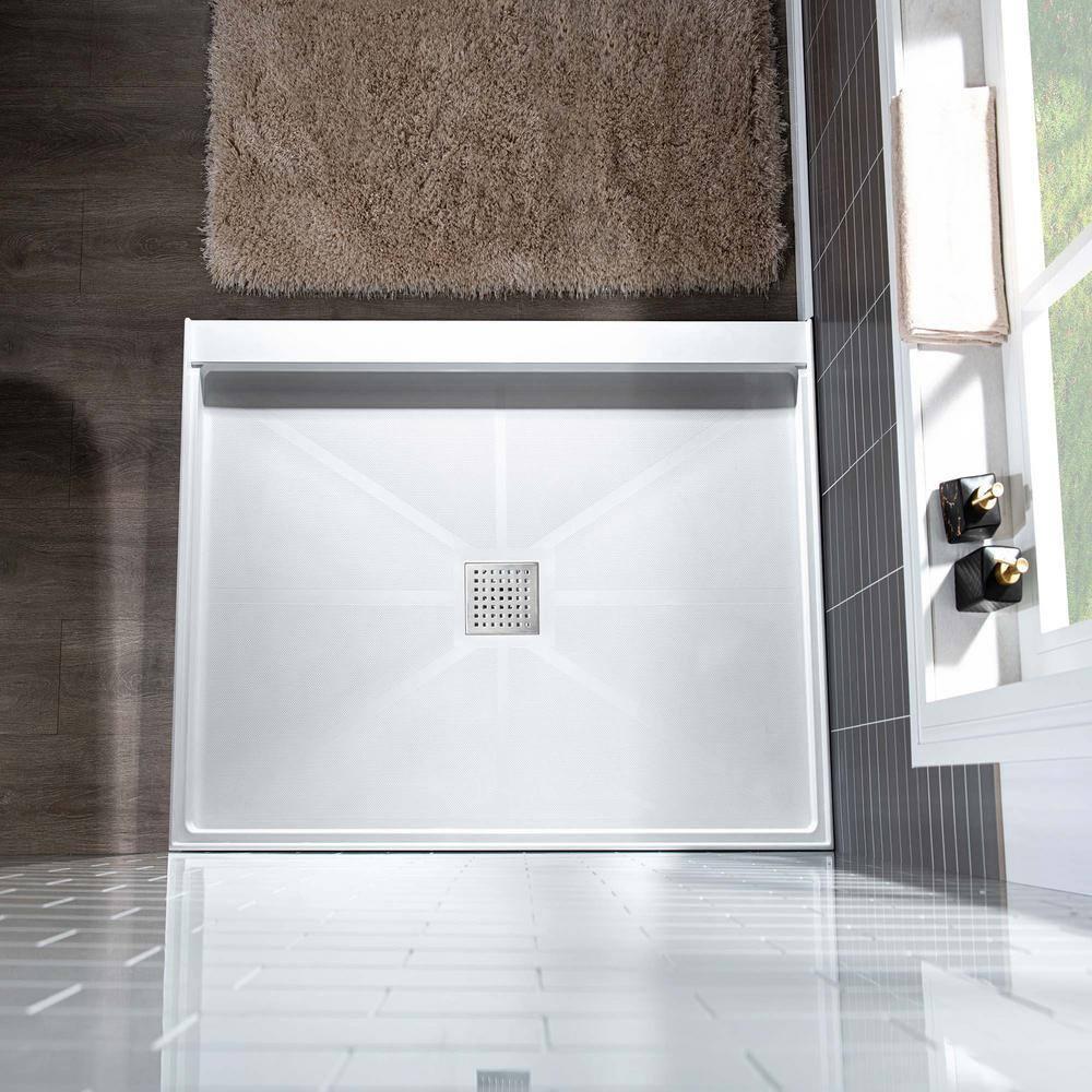 36" Solid Surface Square Single Threshold Shower Pan Base with Drain Assembly & Drain Cover Included, Non-Slip