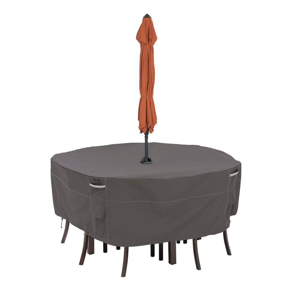 Classic Accessories Ravenna® Round Patio Table & Chair Set Cover with Umbrella Hole - Premium Outdoor Furniture Cover with Water Resistant Fabric, Small (55-800-025101-EC)