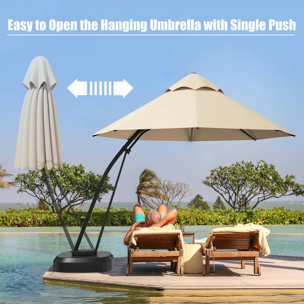 Canddidliike 11 Feet Outdoor Cantilever Hanging Umbrella with Base and Wheels-Tan, Patio Offset Umbrella with Easy Tilt Adjustment, Offset Hanging Umbrella, Sunshade Umbrella Canopy
