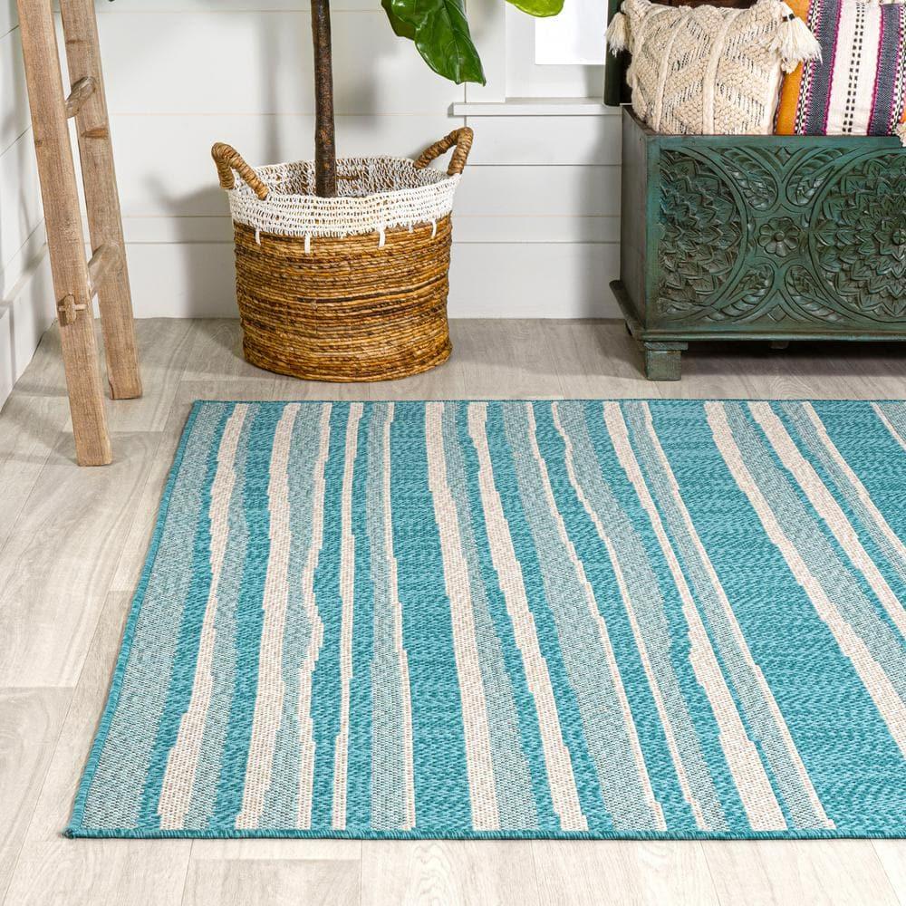 4' x 6' Castara Wavy Stripe Modern Indoor/Outdoor Area Rug, Aqua/Cream - JONATHAN Y