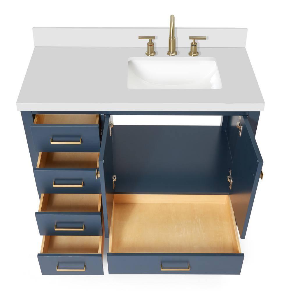 ARIEL Cambridge 43 Inch Midnight Blue Bathroom Vanity with Single Sink, Solid Wood, White Quartz Countertop, 1.5-Inch Edge, Right Rectangular Undermount Sink, 2 Soft Closing Doors, 5 Drawers
