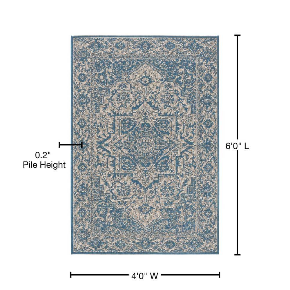 Beach House BHS139 Power Loomed Indoor/Outdoor Area Rug - Cream/Blue - 4'x6' - Safavieh