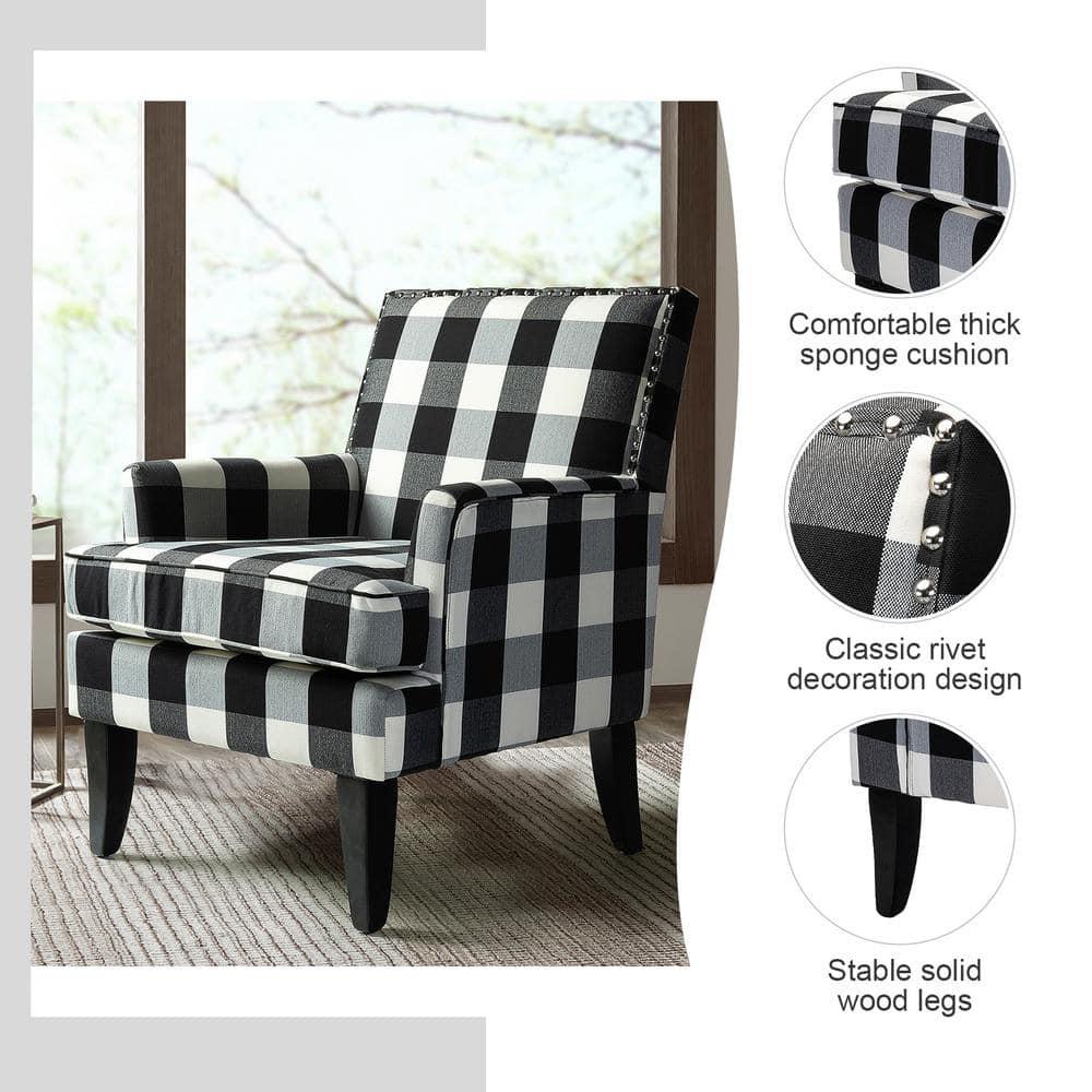 Upholstery Armchair Accent Chair Sofa Couch Wood Legs Nailhead Trim Home Living Room Bedroom Plaid White Black