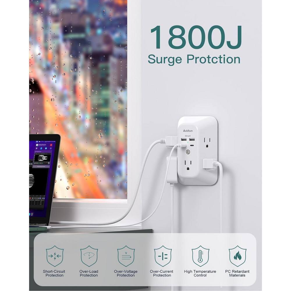 Surge Protector Outlet Extender - Addtam 5-Outlet Splitter with 4 USB Wall Charger(2 USB-C Ports), Multi Plug Outlet Power Strip for Home, Dorm Room Essentials