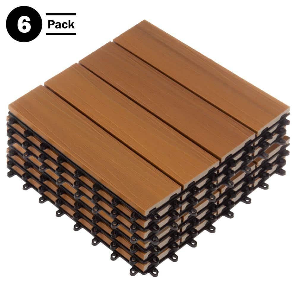 Deck Tiles - 6-Pack Wood Plastic Composite Interlocking Patio Tiles - 5.8SQFT Outdoor Flooring for Balcony, Porch, and Garage by Pure Garden
