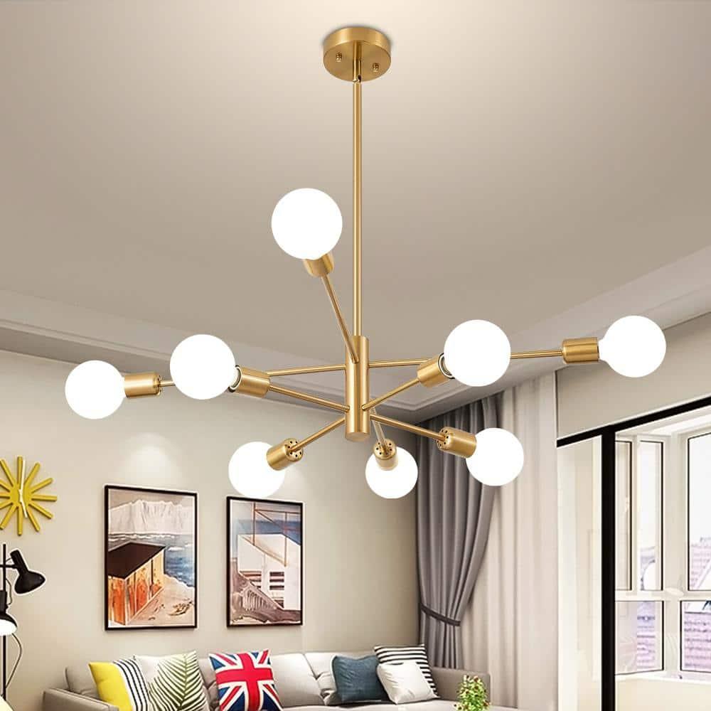 Modern Gold Sputnik Chandelier with 8 Lights E26 Mid Century Ceiling Lighting Fixtures for Living Room, Kitchen Island, Bedroom, Dining Room, and Farmhouse